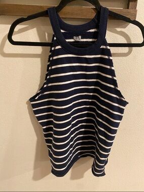 Aerie Striped Navy & White Knit Tank with Subtle Crew Neck Size Medium